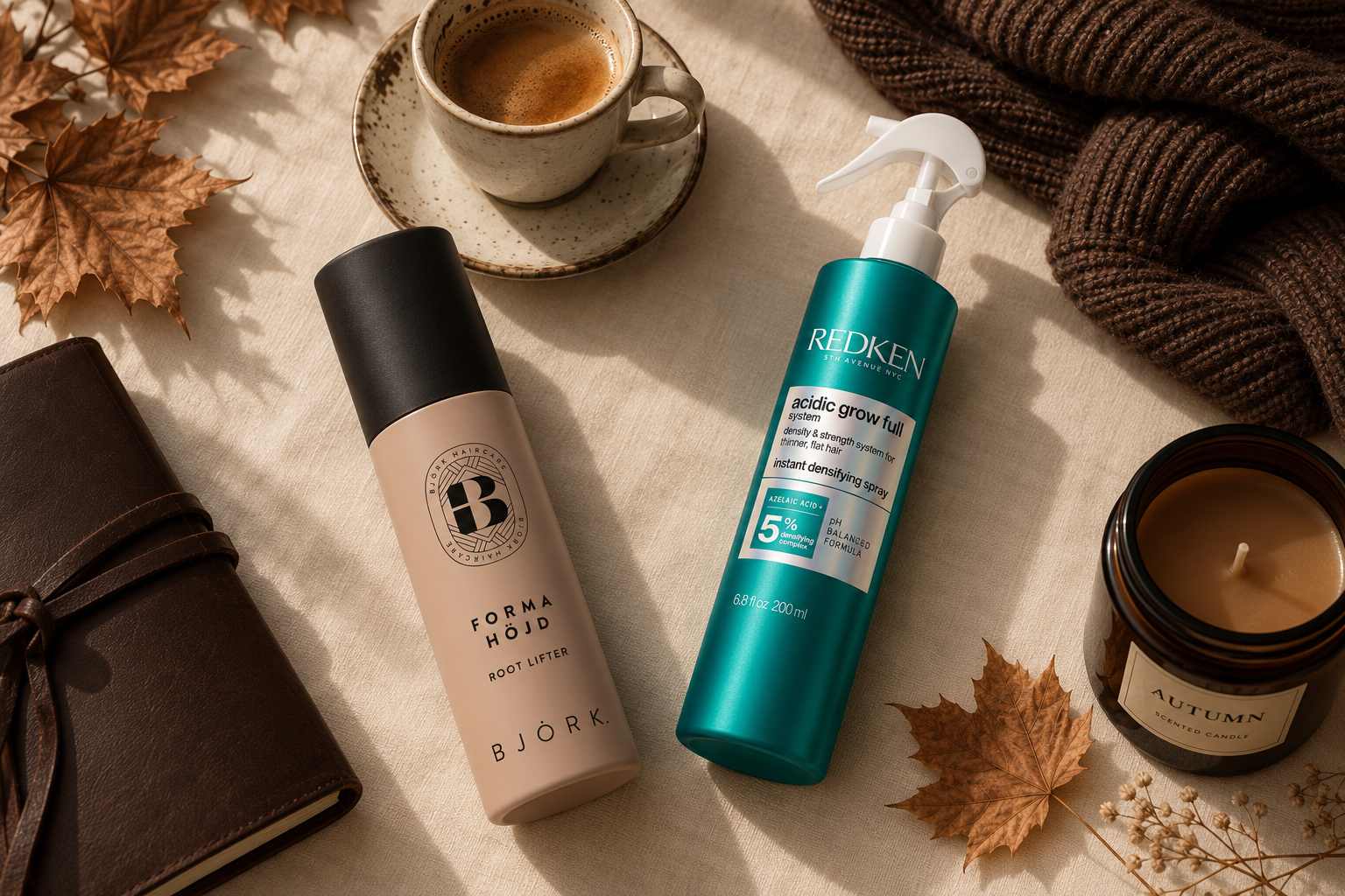 Bj&ouml;rk Root Lifter i Redken Acidic Grow Full sprej u jesenjem ambijentu