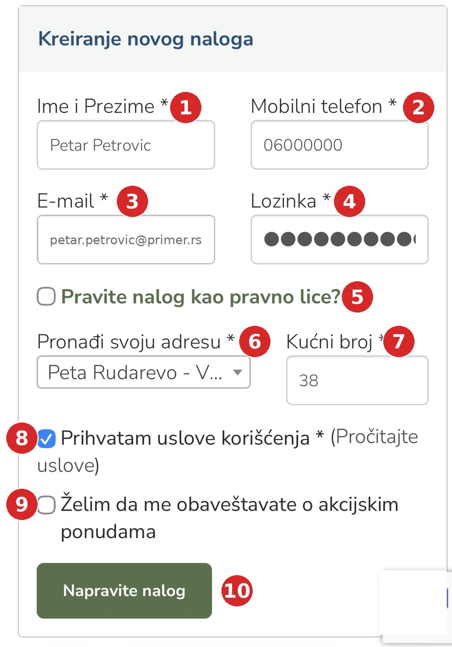 Forma za kreiranje novog naloga